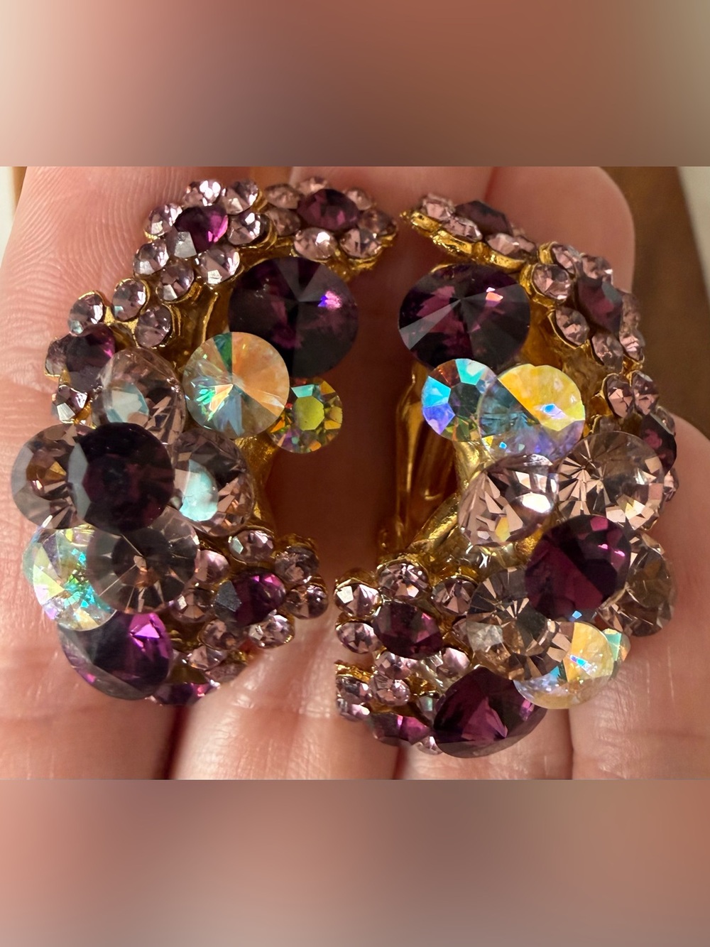 Vintage Gold-Tone Clip-On Earrings with Purple Aurora Borealis AB Rhinestone